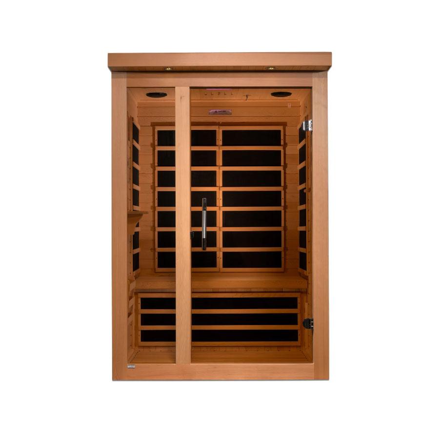 Dynamic Llumeneres 2-Person Ultra Low EMF FAR Infrared Sauna - Canadian Hemlock  featuring double glass doors and ultra low EMF carbon heaters.