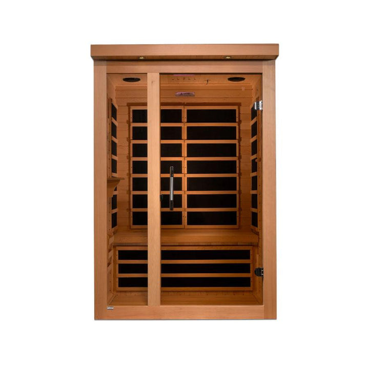 Dynamic Llumeneres 2-Person Ultra Low EMF FAR Infrared Sauna - Canadian Hemlock  featuring double glass doors and ultra low EMF carbon heaters.