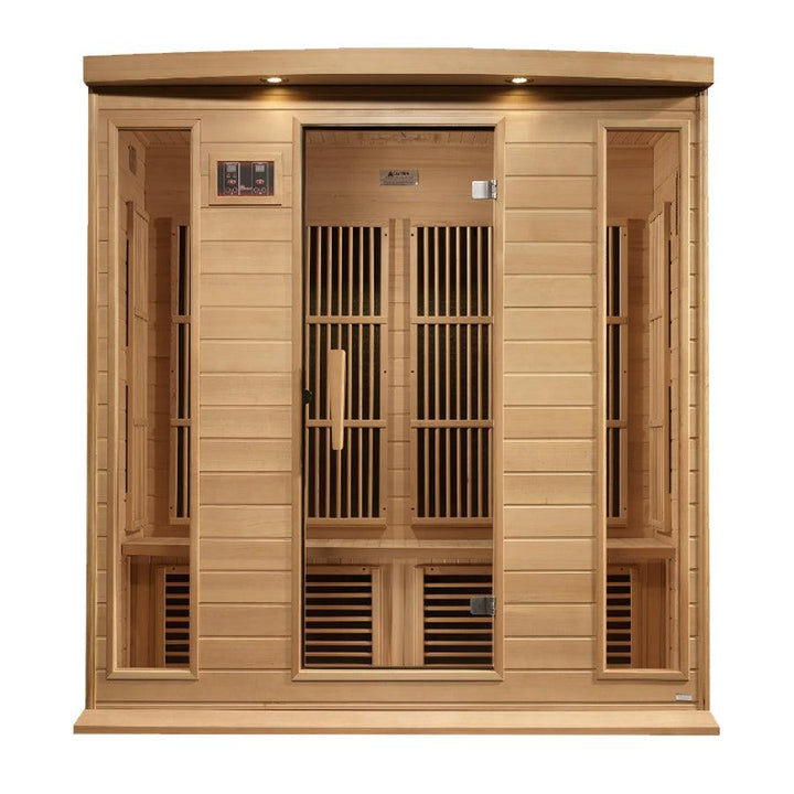 Maxxus 4 Person Corner Near Zero EMF FAR Infrared Sauna - Canadian Hemlock - Wish Rock Relaxation