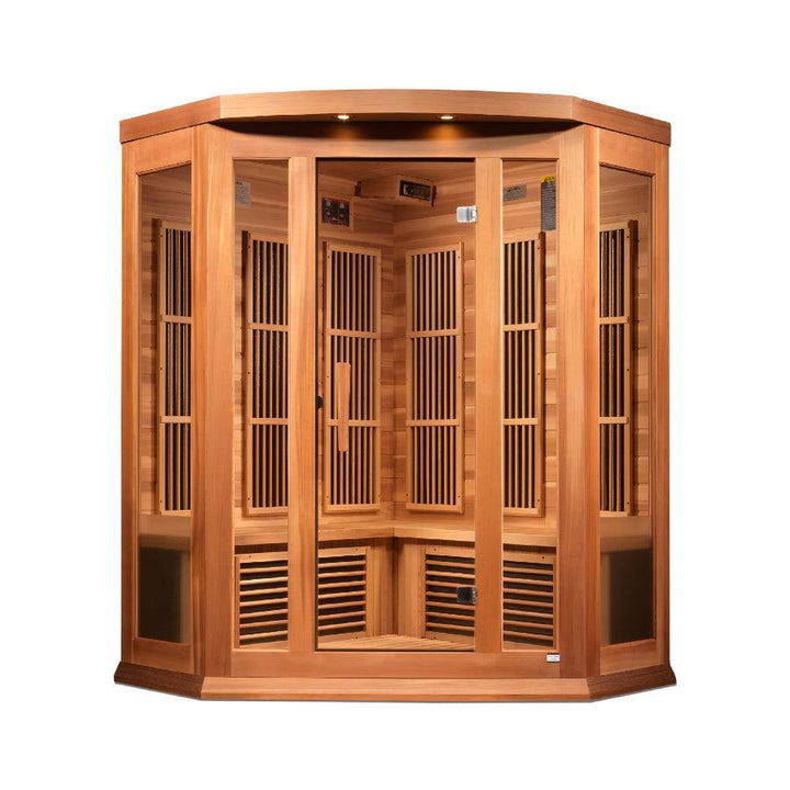 Maxxus "Avignon Edition" 3-Person Corner Near Zero EMF FAR Infrared Sauna - Canadian Red Cedar - Wish Rock Relaxation