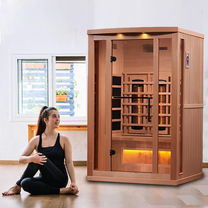 Golden Designs 2-Person Full Spectrum PureTech™ Near Zero EMF FAR Infrared Sauna - Canadian Hemlock - Wish Rock Relaxation