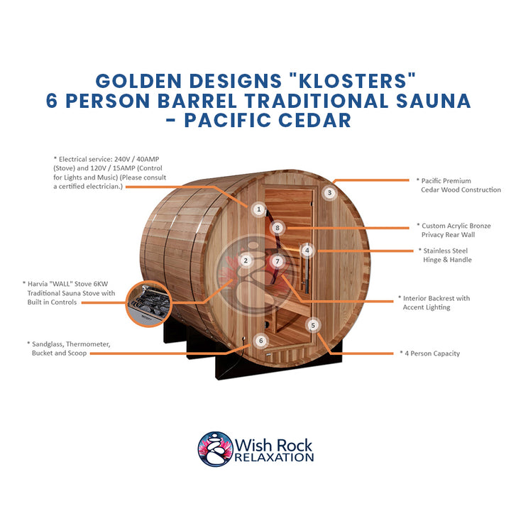 Golden Designs "Klosters" 6 Person Barrel Traditional Sauna - Pacific Cedar detailed feature infographic from Wish Rock Relaxation