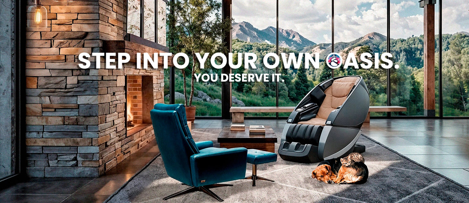Super Novo X Massage chair, American Leather Cirrus Comfort Air with Ottoman and Adagio Olympus Falls Wall Fountain in a luxury mountain-view living room with fireplace, floor-to-ceiling windows, modern lounge chair, and sleeping dogs, lifestyle relaxation setting from Wish Rock Relaxation.