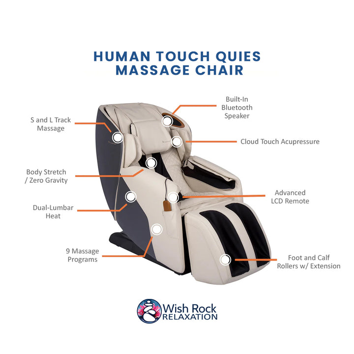Human Touch Quies Massage Chair detailed feature infographic from Wish Rock Relaxation