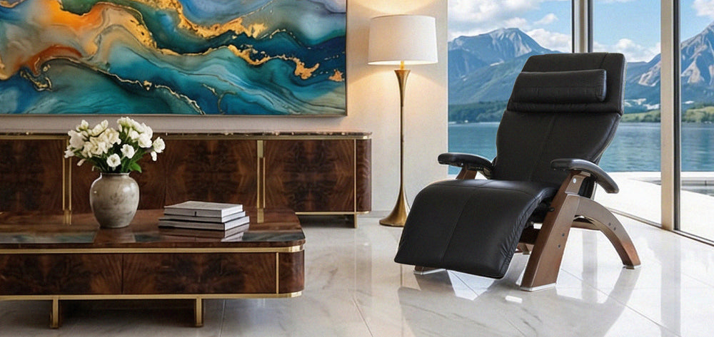 Human Touch Perfect Chair PC-420 Classic Manual Plus in black reclined in a modern living room with mountain lake view from Wish Rock Relaxation