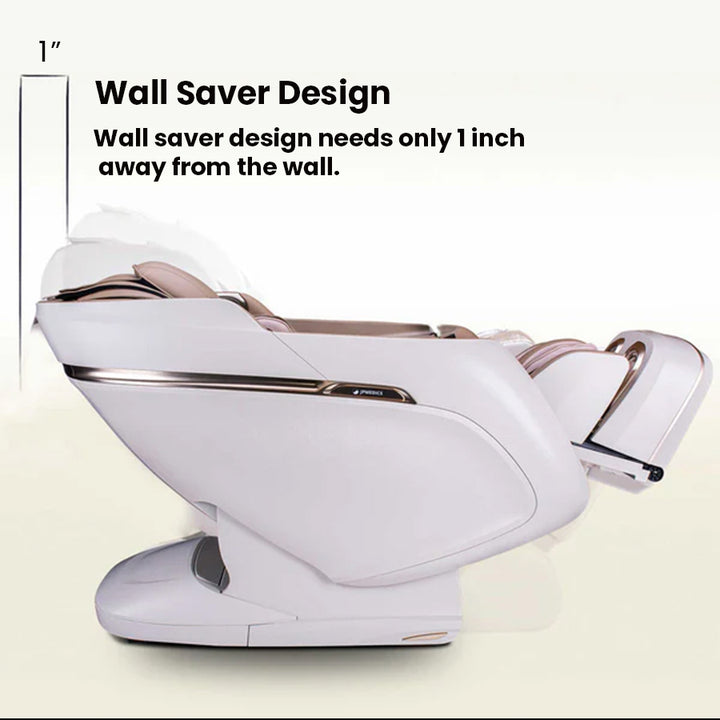 JPMedics KaZe Duo Massage Chair in zero gravity recline, showcasing space-saving design with only 1 inch clearance from the wall.