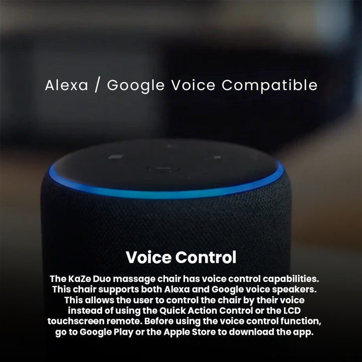 JPMedics KaZe Duo Massage Chair supports Alexa and Google voice control for hands-free operation and smart home integration.
