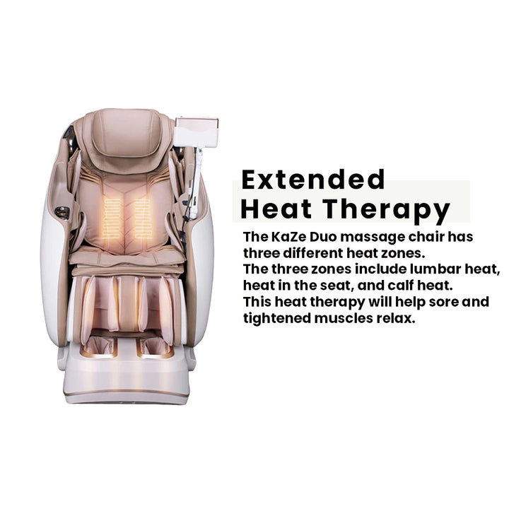 JPMedics KaZe Duo Massage Chair in beige/white color with highlighted lumbar and calf heat zones for soothing warmth therapy.