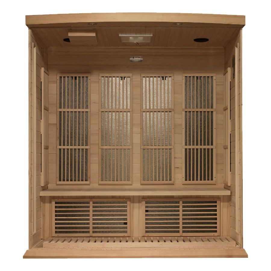 Maxxus 4 Person Corner Near Zero EMF FAR Infrared Sauna - Canadian Hemlock - Wish Rock Relaxation