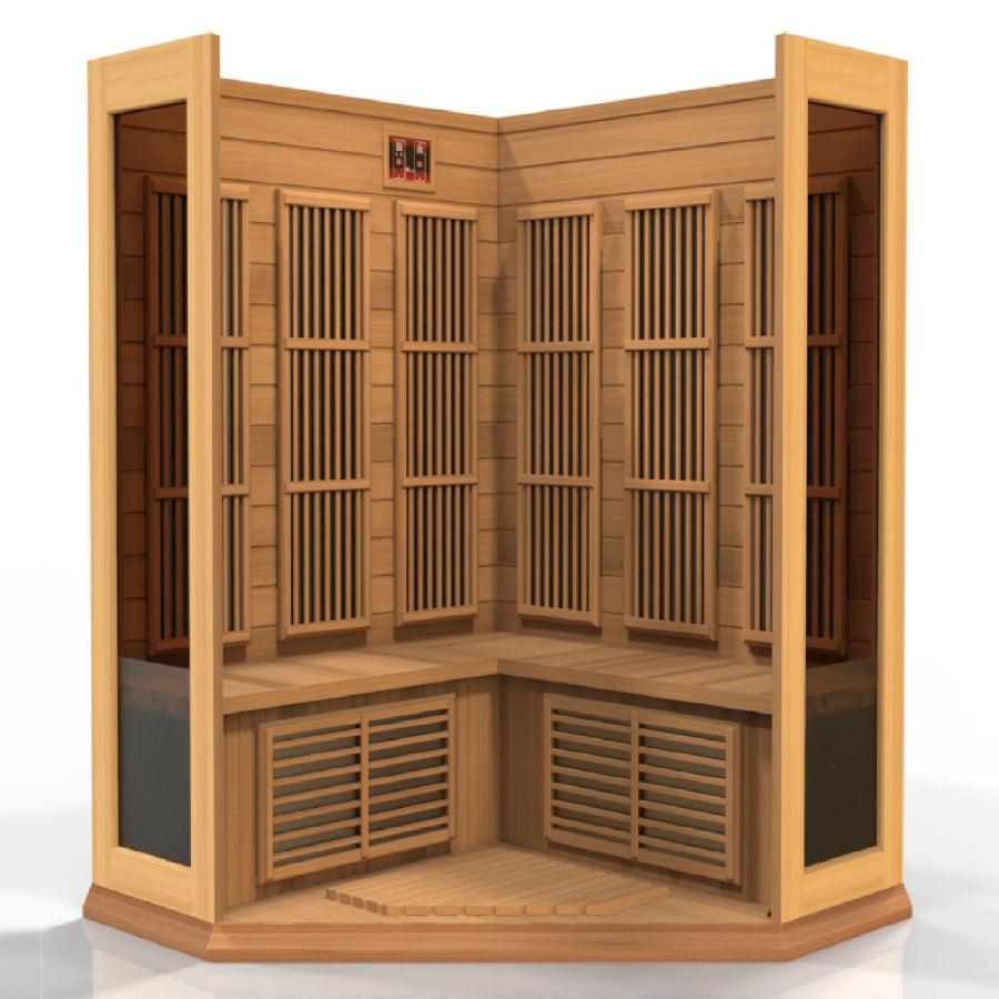 Maxxus "Avignon Edition" 3-Person Corner Near Zero EMF FAR Infrared Sauna - Canadian Red Cedar - Wish Rock Relaxation