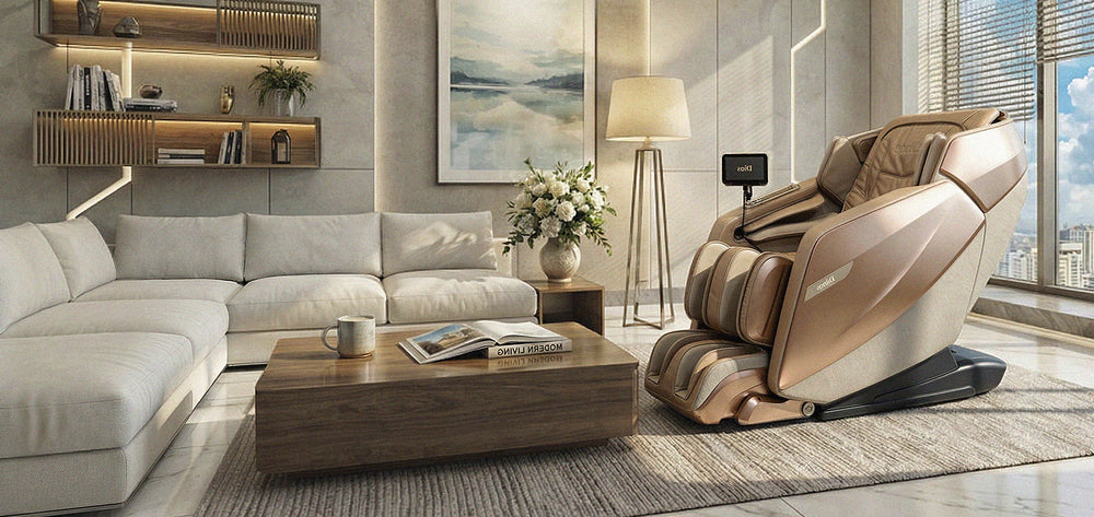 Kahuna Dios Flexa massage chair in rose gold in luxury living room from Wish Rock Relaxation.