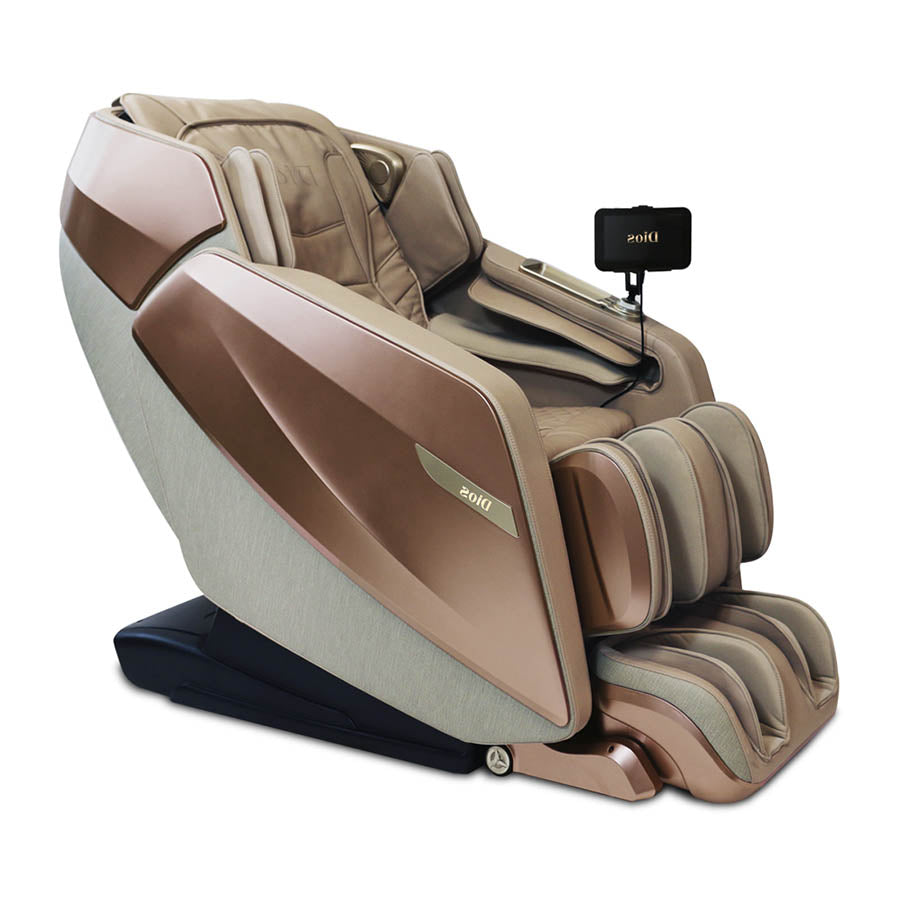 Kahuna Dios Flexa massage chair in rose gold reclined with extended footrest and tablet controller attached.
