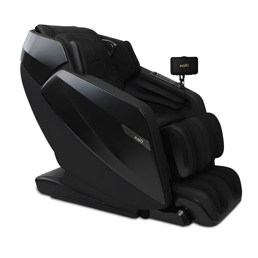 Kahuna Dios Flexa massage chair in black reclined with extended footrest and tablet controller attached.