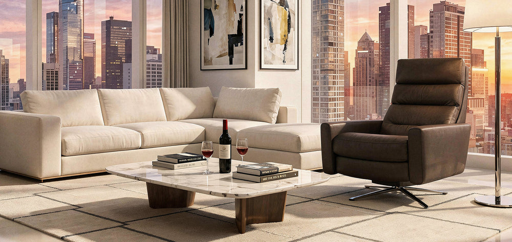 American Leather Cirrus Comfort Air recliner in brown in luxury living room from Wish Rock Relaxation.