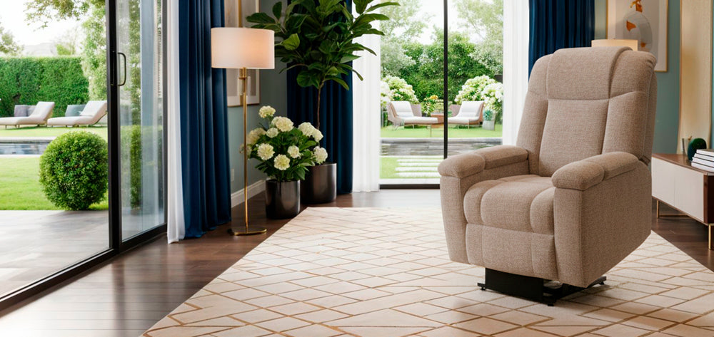 UltraComfort™ UC477 Venice Medium 5-Zone Power Lift Chair in sand displayed in a bright, modern living room, from Wish Rock Relaxation.