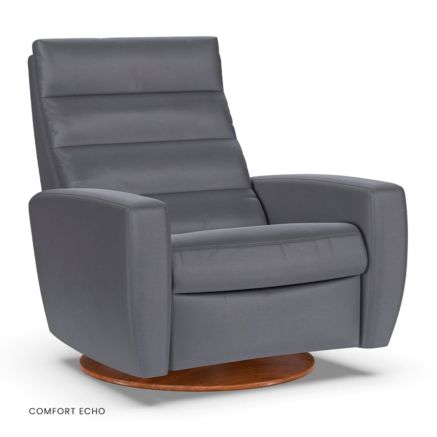 American Leather Lanier Comfort Echo recliner in gray with wooden disc base.