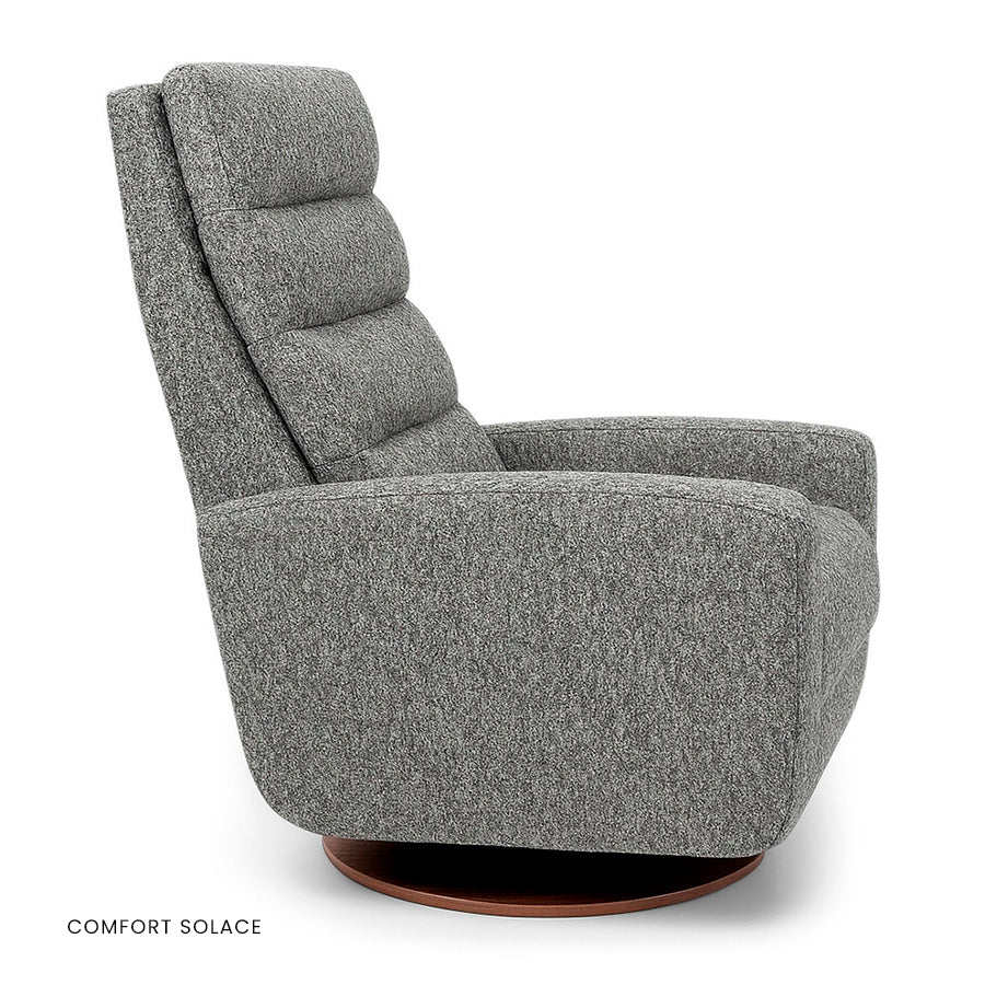 American Leather Lanier Comfort Solace recliner in gray with channel-tufted back and wooden disc base.