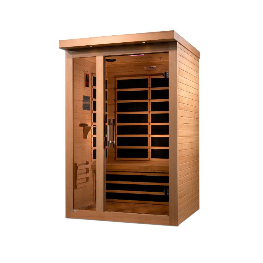 Dynamic Llumeneres 2-Person Ultra Low EMF FAR Infrared Sauna - Canadian Hemlock Left angle of the Dynamic Llumeneres sauna showing interior features like the control panel and ergonomic bench.