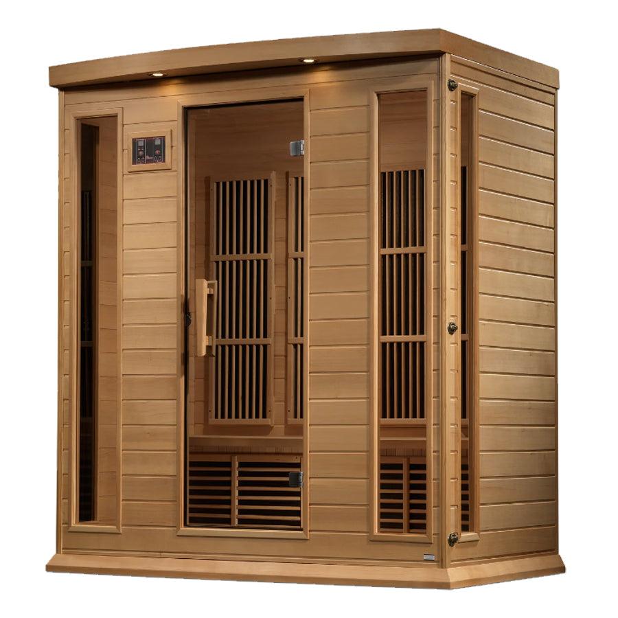 Maxxus 4 Person Corner Near Zero EMF FAR Infrared Sauna - Canadian Hemlock - Wish Rock Relaxation