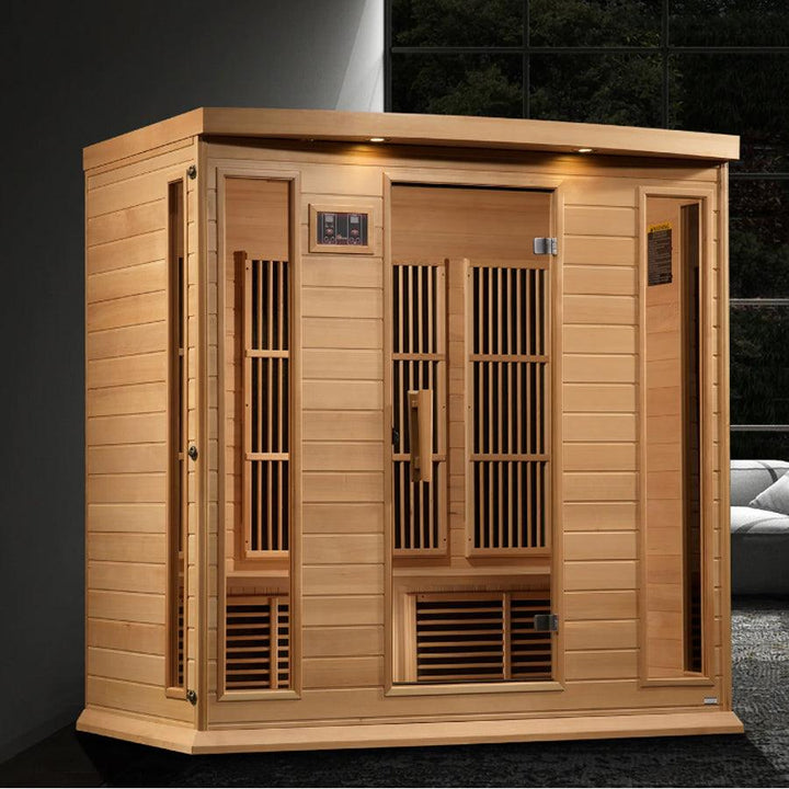 Maxxus 4 Person Corner Near Zero EMF FAR Infrared Sauna - Canadian Hemlock - Wish Rock Relaxation