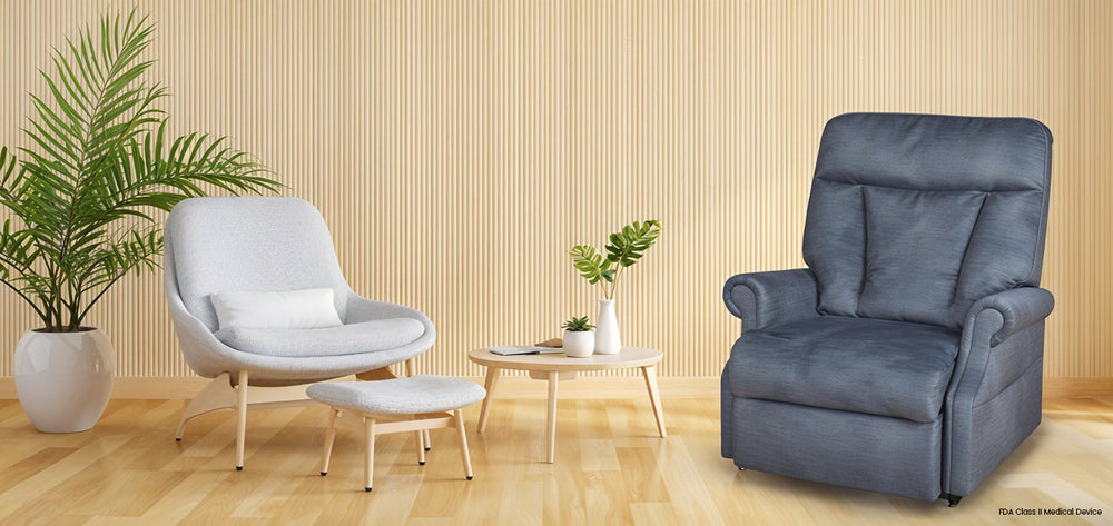 Mega Motion Bariatric MM-7305 Trio Tenacity Lift Chair in slate blue in a bright, modern room with wood accents from Wish Rock Relaxation.