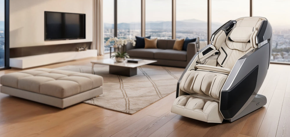 Infinity Imperial Syner-D Massage Chair in cream, shown in a modern high-rise living room from Wish Rock Relaxation.