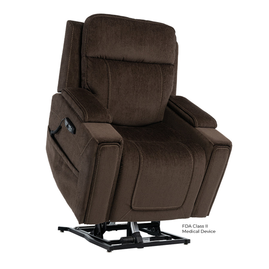 Mega Motion MM-8955 iNFI IMMERSE Infinite Position Lift Chair in mink, lifted with open arm storage and cup holders.