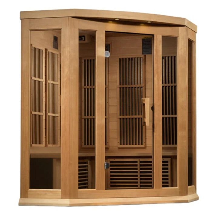 Maxxus 3 Person Corner Low EMF FAR Infrared Sauna - Canadian Hemlock - Wish Rock Relaxation