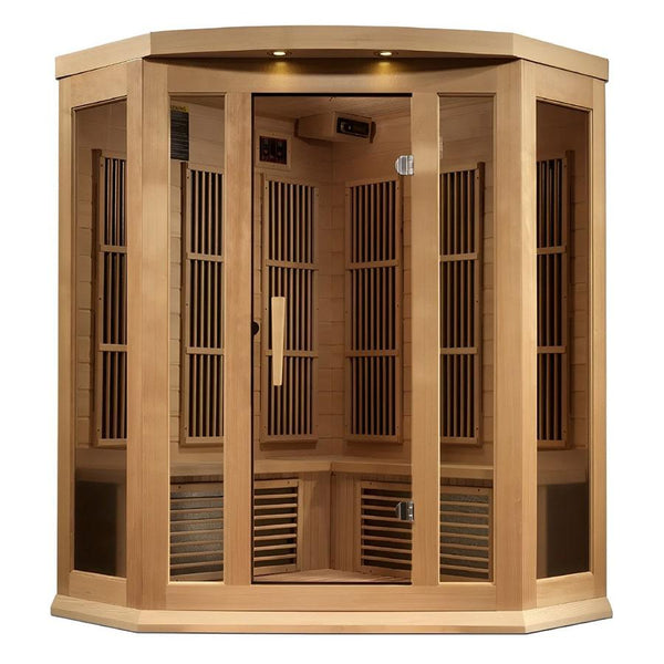 Maxxus 3 Person Corner Low EMF FAR Infrared Sauna - Canadian Hemlock - Wish Rock Relaxation