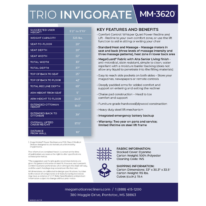 Mega Motion MM-3620 Trio Invigorate 3 Position Lift Chair  specs and features graphic from Wish Rock Relaxation.