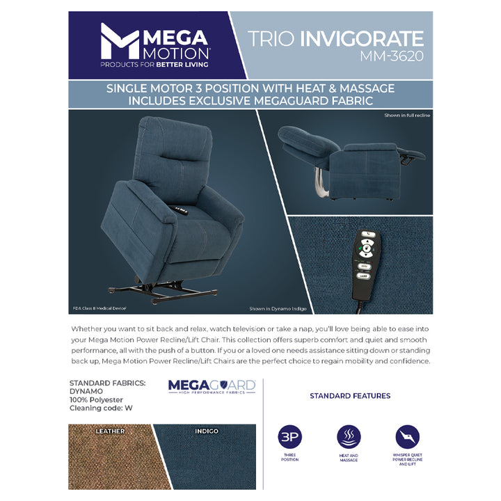 Mega Motion MM-3620 Trio Invigorate 3 Position Lift Chair  specs and features graphic from Wish Rock Relaxation.
