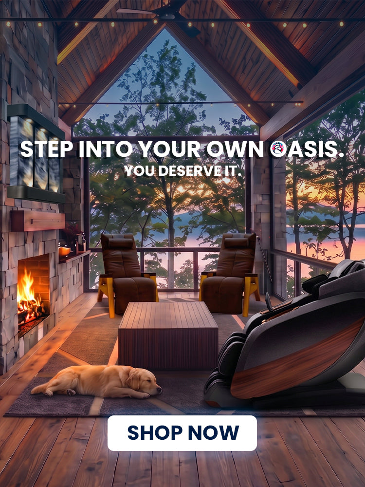 Relaxing luxury cabin overlooking a lake with a premium massage chair, fireplace, and cozy seating area from Wish Rock Relaxation.
