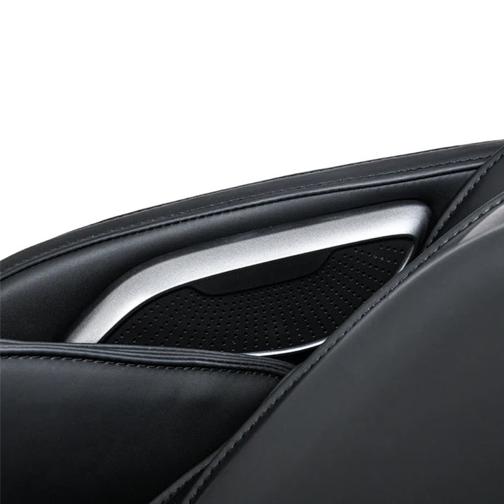 Titan TP-Epic 4D Massage Chair built-in Bluetooth speaker with sleek black and silver design from Wish Rock Relaxation.