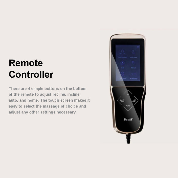 Osaki OS-4D Pro Maestro Massage Chair closeup of remote control showcasing the touchscreen feature. The touch screen makes it easy to select the massage of choice and adjust any other settings necessary.