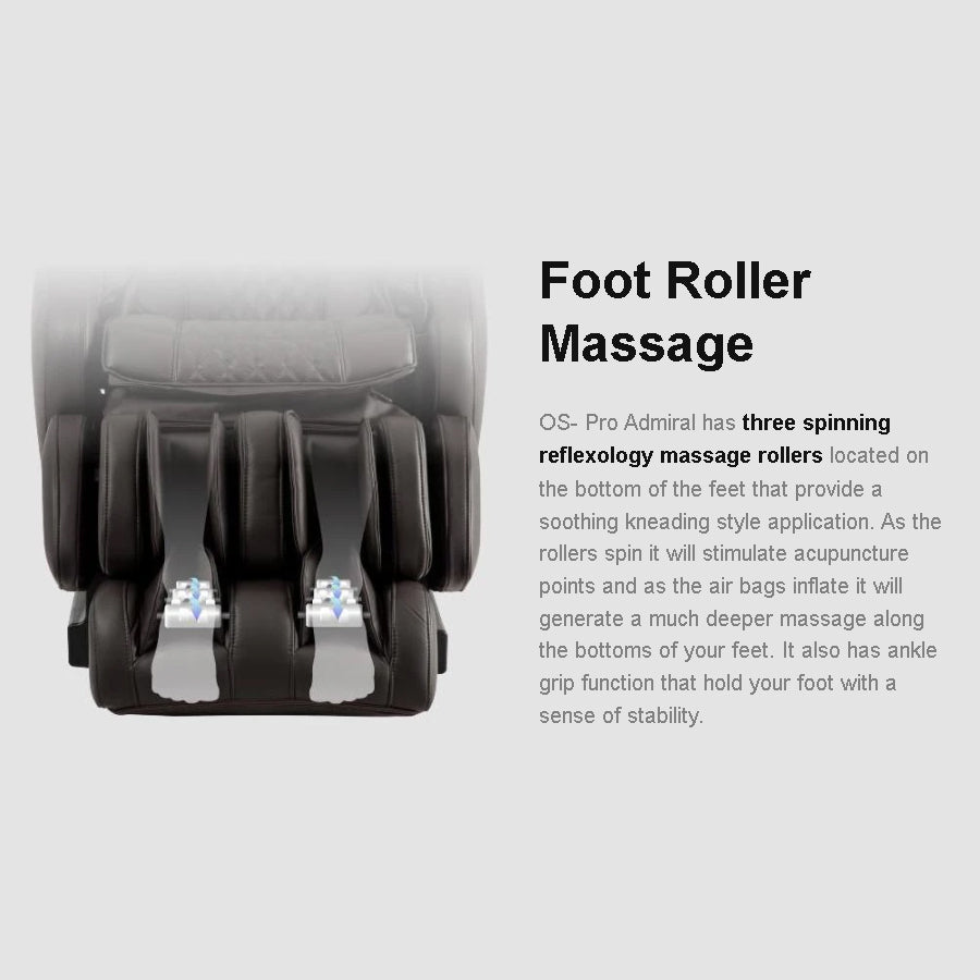 Osaki OS-Pro Admiral II Massage Chair footrest showing 3 spinning foot rollers for deep reflexology massage.