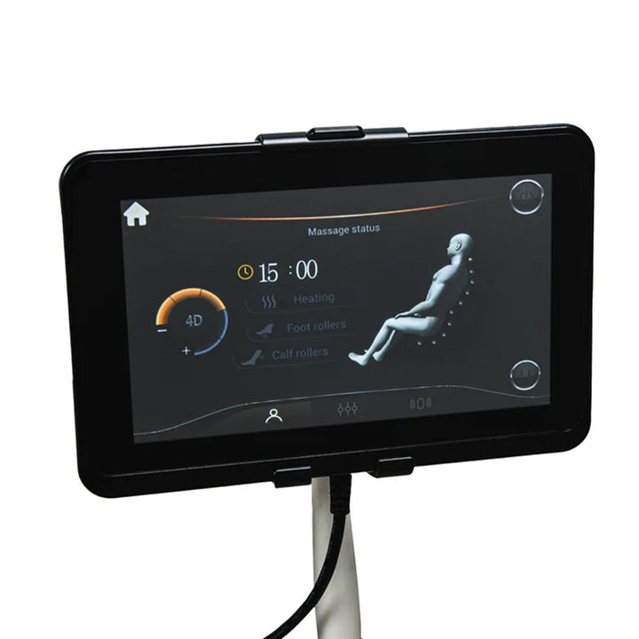 Titan TP-Epic 4D Massage Chair tablet showing massage settings and body scan interface from Wish Rock Relaxation.