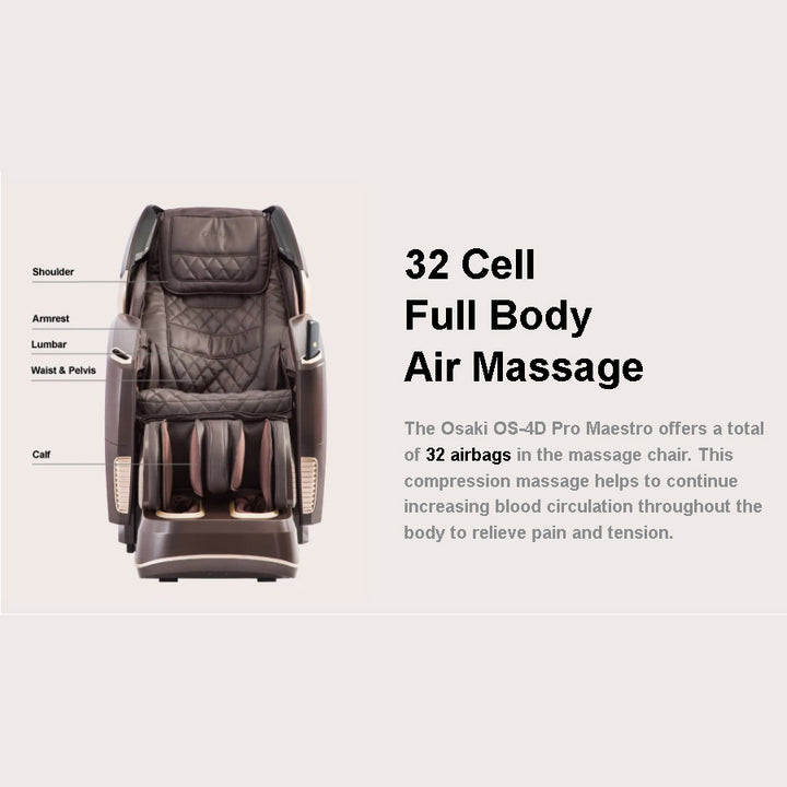 Osaki OS-4D Pro Maestro Massage Chair featuring 32-cell full body air massage with labeled zones from Wish Rock Relaxation
