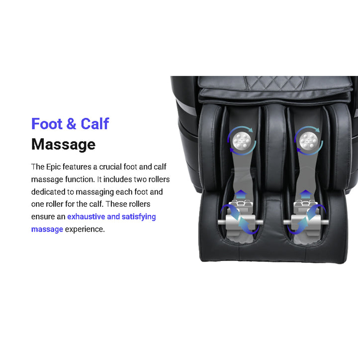 Titan TP-Epic 4D Massage Chair dual foot and calf rollers for comprehensive lower leg massage from Wish Rock Relaxation.