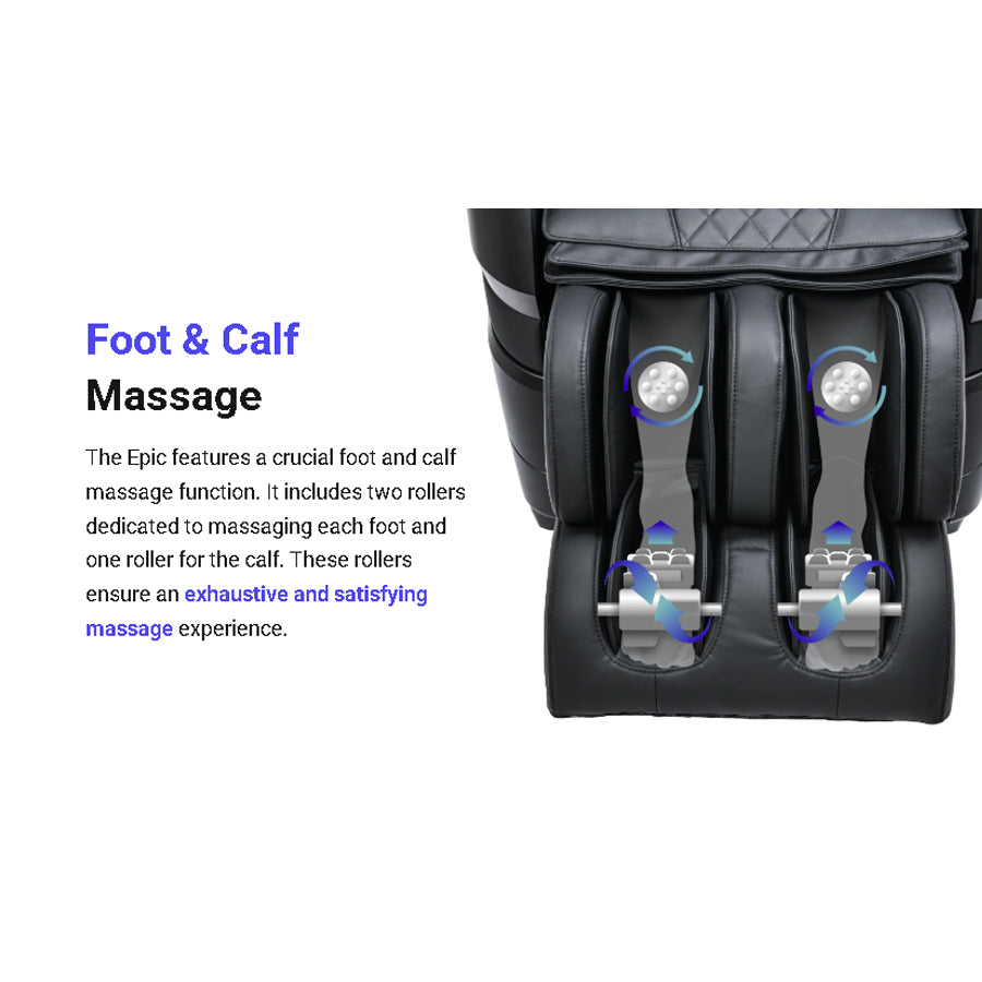 Titan TP-Epic 4D Massage Chair dual foot and calf rollers for comprehensive lower leg massage from Wish Rock Relaxation.