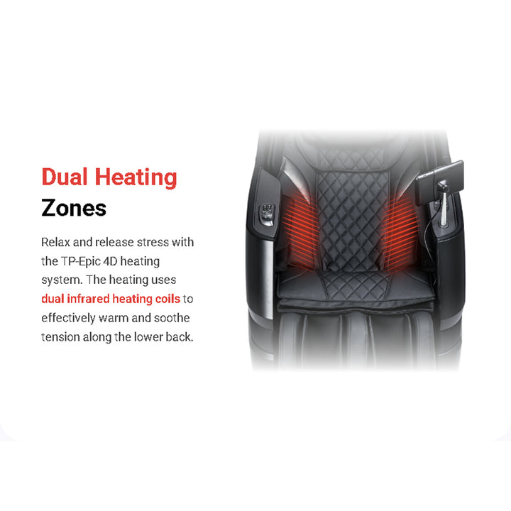 Titan TP-Epic 4D Massage Chair with dual infrared heating coils in lower back area from Wish Rock Relaxation.