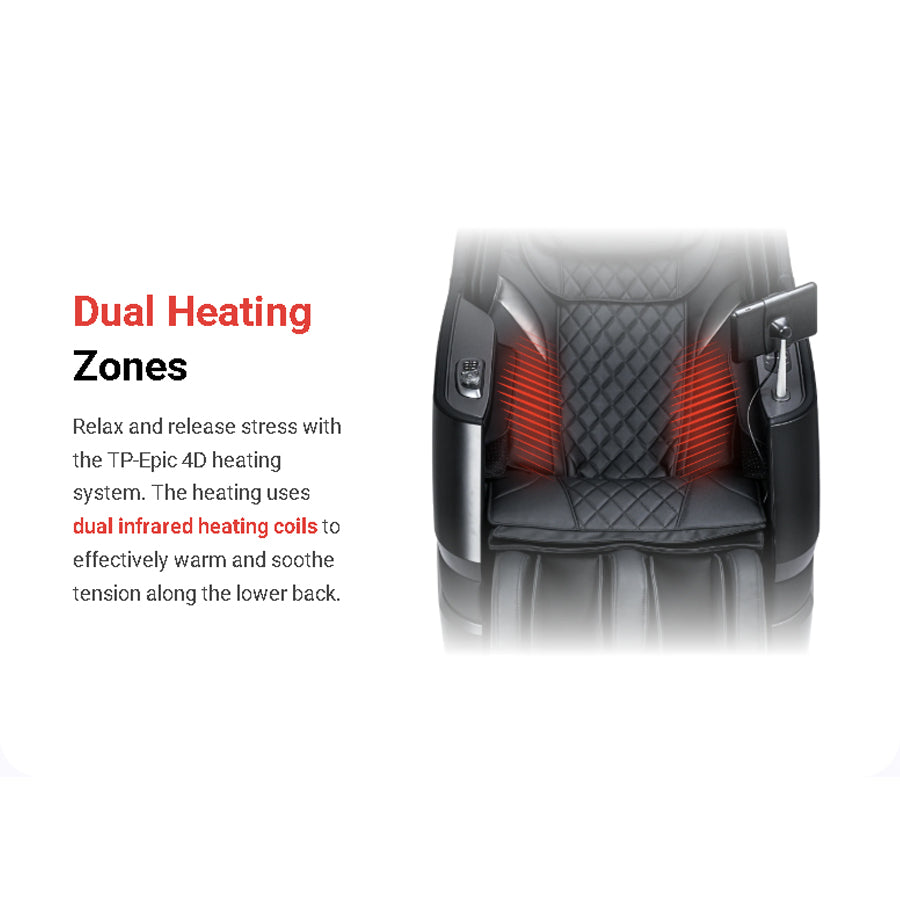 Titan TP-Epic 4D Massage Chair with dual infrared heating coils in lower back area from Wish Rock Relaxation.
