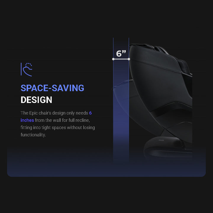 Titan TP-Epic 4D Massage Chair space-saving recline design fits 6 inches from wall from Wish Rock Relaxation.