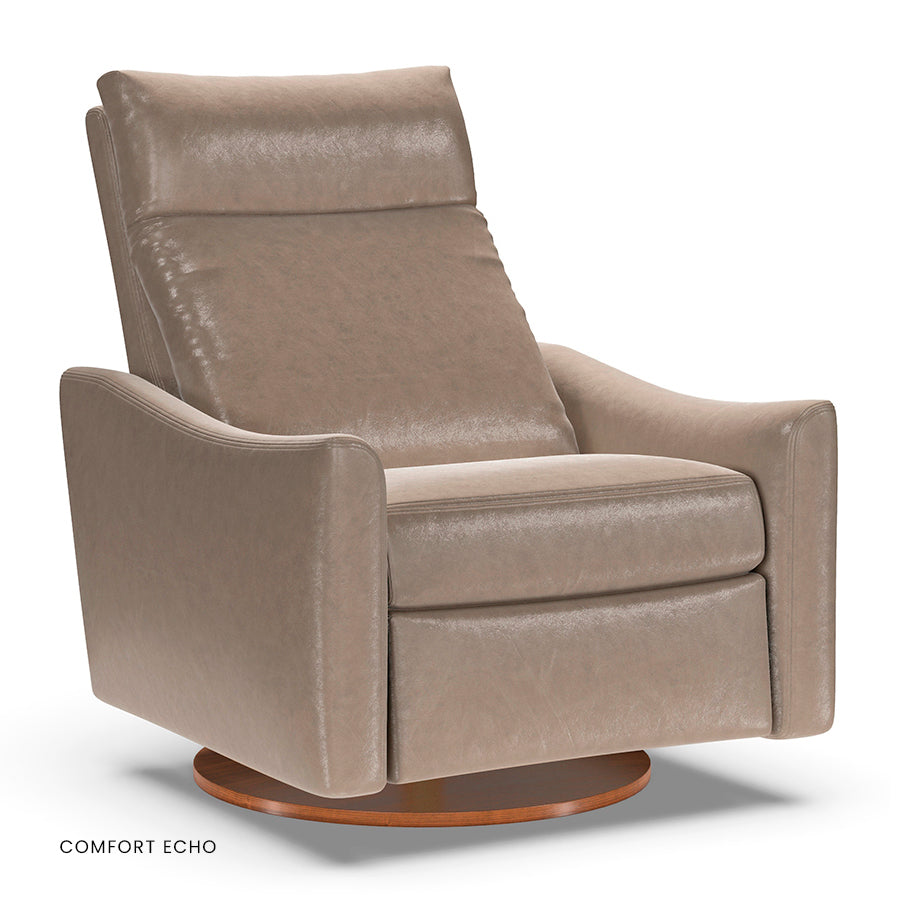 American Leather Ontario Comfort Echo recliner in taupe with wooden disc base.