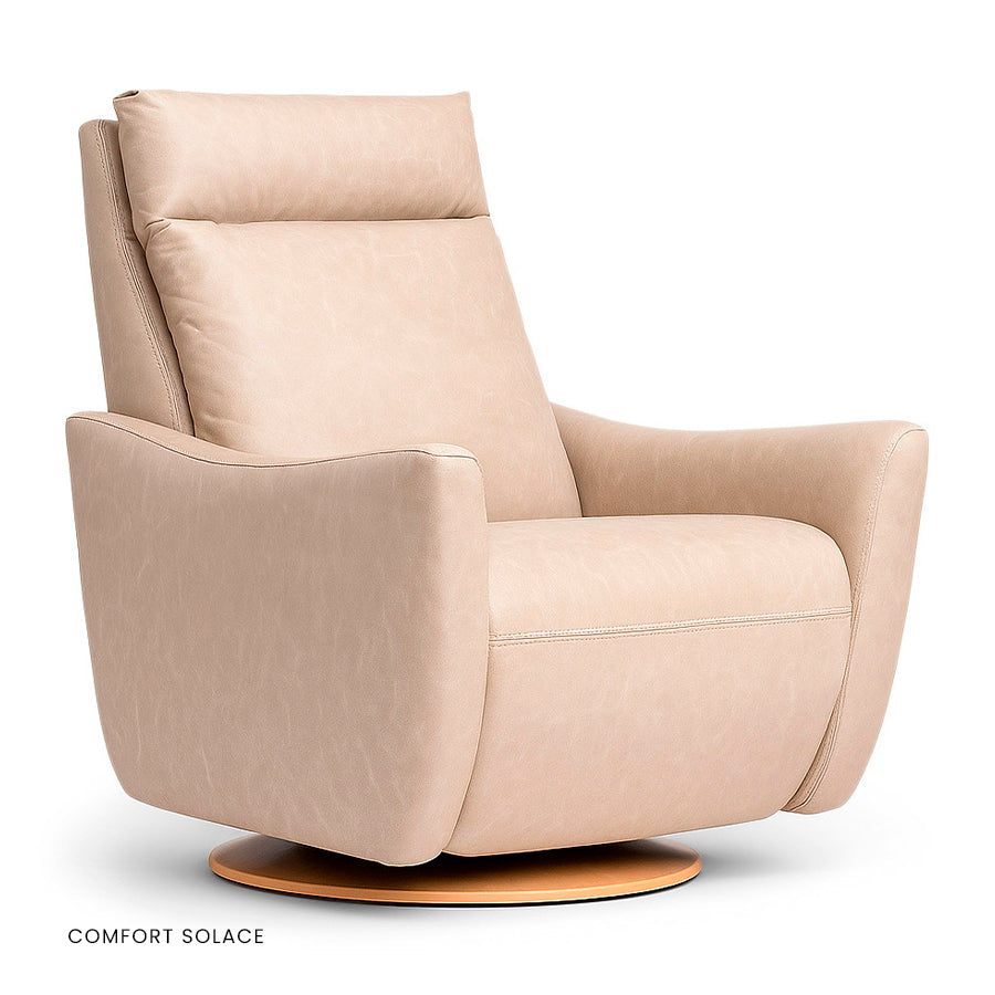 American Leather Ontario Comfort Solace recliner in cream with wooden disc base.