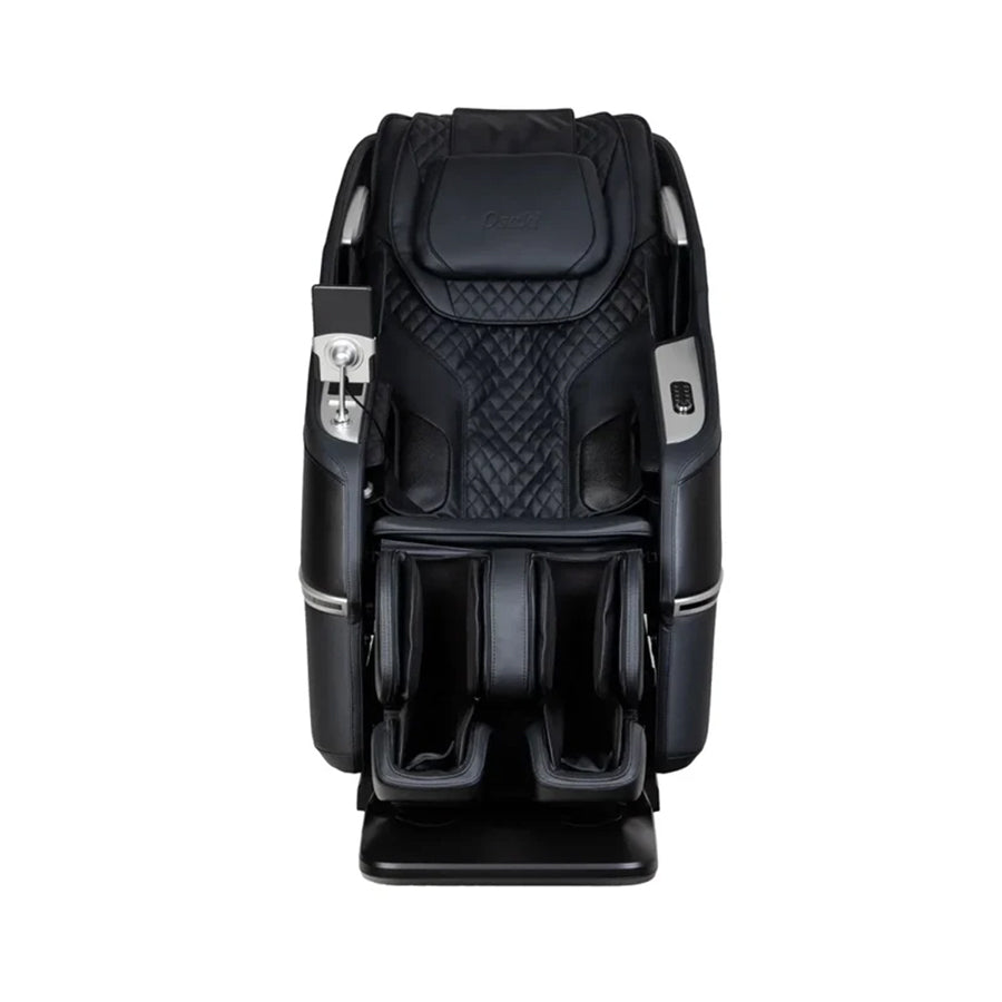Front view of the Osaki Aeris 4D Duo massage chair in Black upholstery in the upright position.
