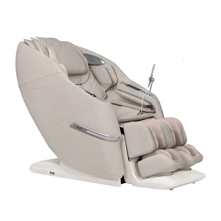 Osaki Aeris 4D Duo massage chair in Taupe upholstery, shown from a three-quarter angle in the upright position.
