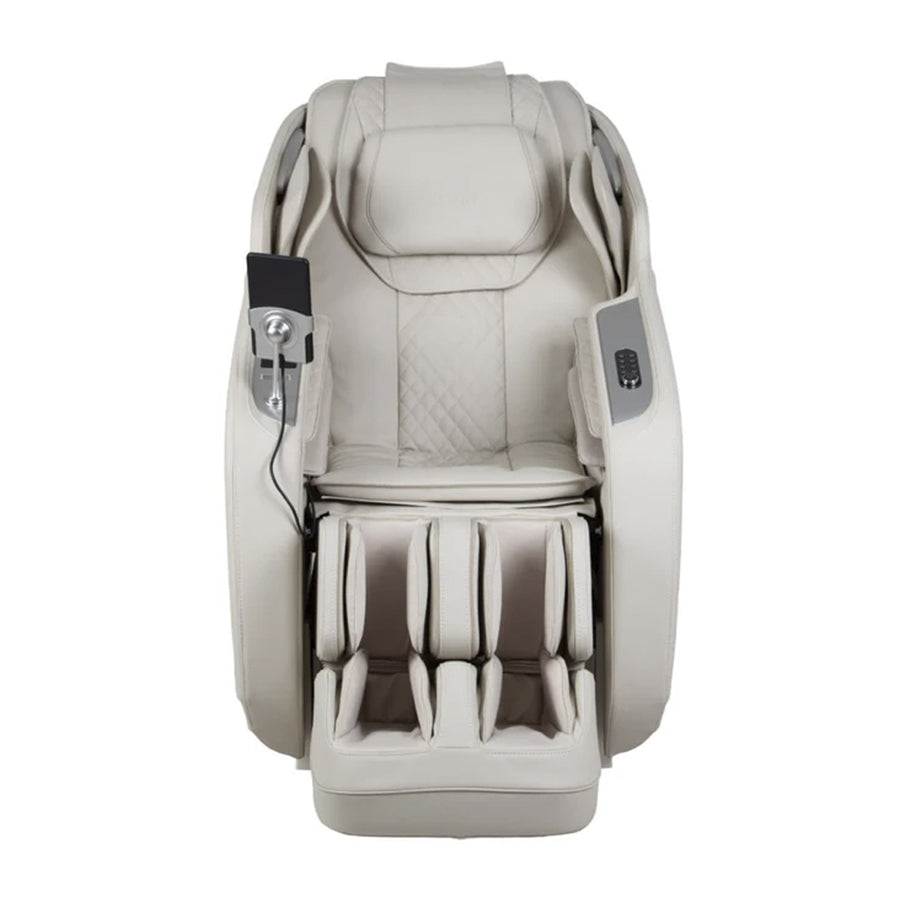 Osaki 4D Helix LE Massage Chair in taupe front view showing full body air massage system and foot rollers.