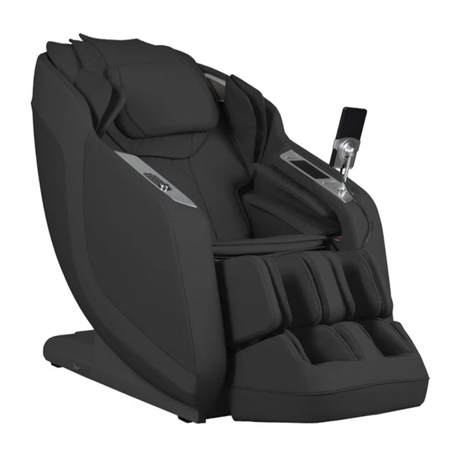 Osaki 4D Helix LE Massage Chair in black angled front view with foot rollers and tablet controller.