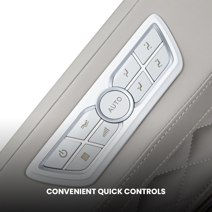 Osaki Kairos Duo 5D+4D Massage Chair armrest quick control buttons with auto mode option.