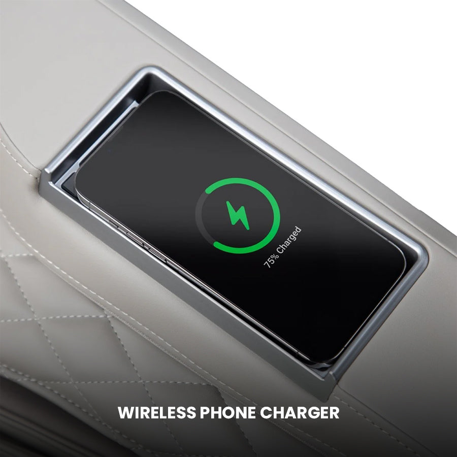 Osaki Kairos Duo 5D+4D Massage Chair with built-in wireless charging pad for smartphones.